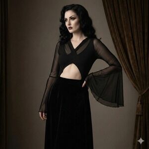 Widow Bodysuit Womens Small Black Mesh Hooded Bell Sleeve Bodysuit Goth Witchy